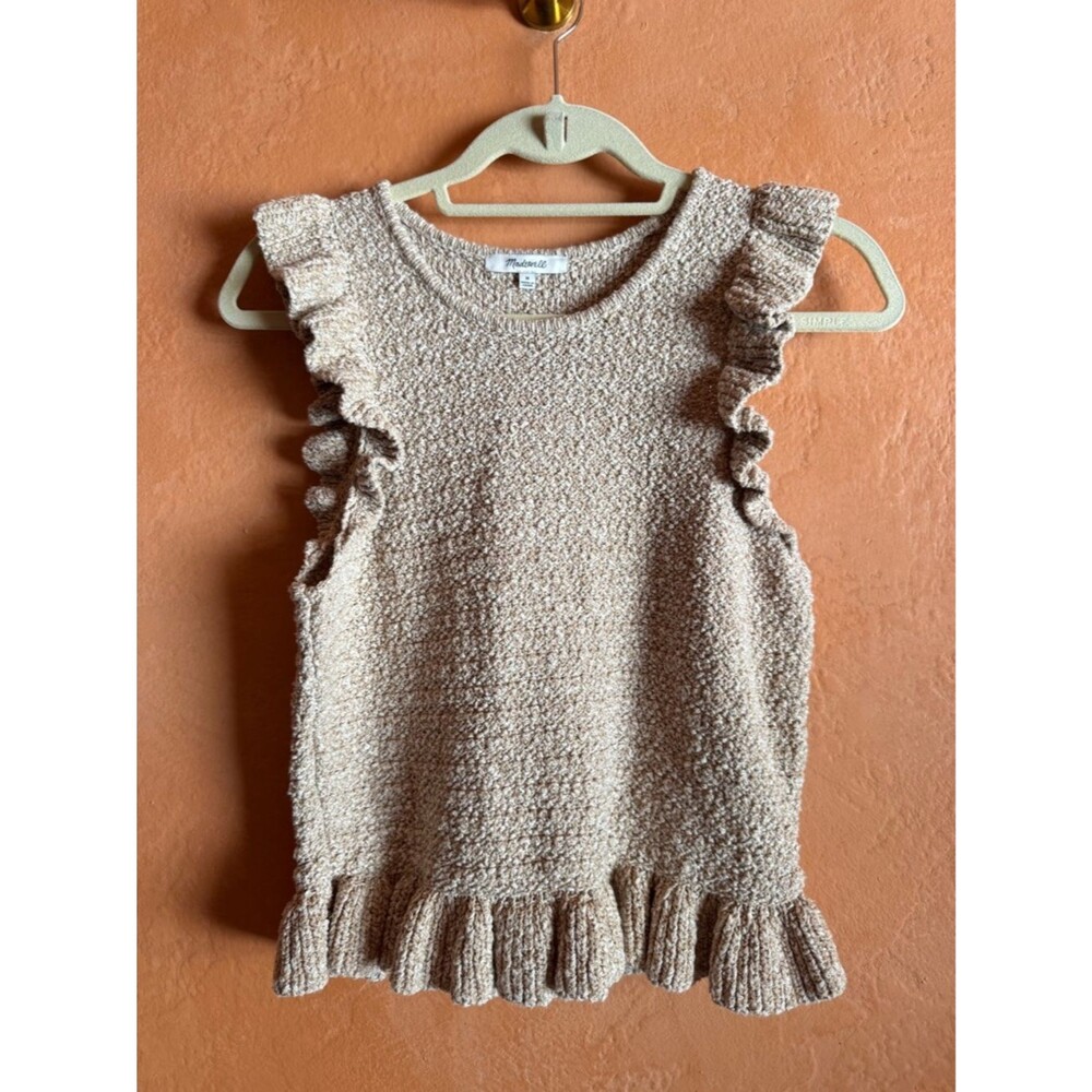Madewell Ruffle Sleeve Knit Sweater Tank Medium Textured Peplum Hem Cottagecore